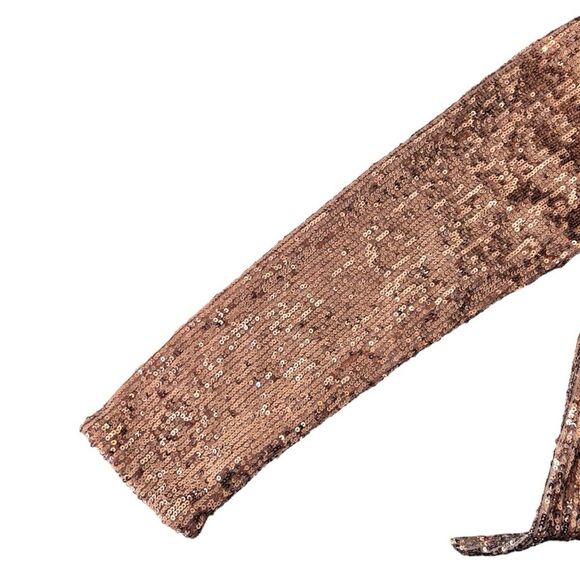 Cable & Gauge | Gold Sequin Puff Long Sleeve Mock neck Keyhole Blouse Shirt - Picture 10 of 16